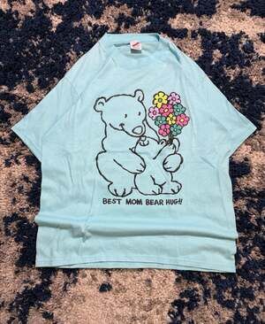 Vintage Jerzees Best Mom Bear Hug Graphic T-Shirt Light Blue Large
